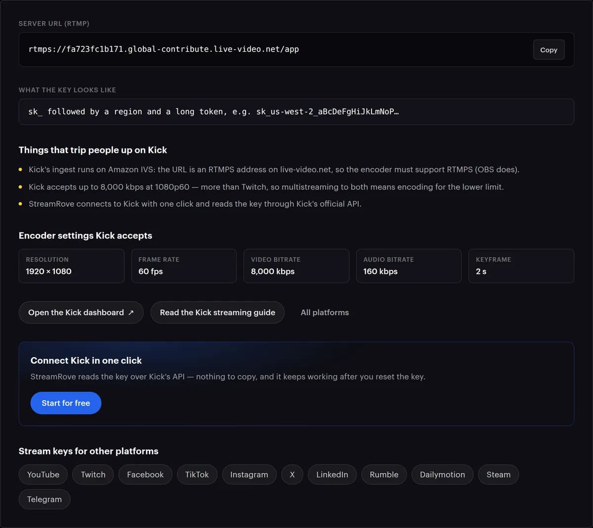 StreamRoveのストリームキー確認ガイド（Kick編）：KickのRTMPSサーバーアドレス、キーの形式、よくある間違い、Kickが受け付ける設定（1920 × 1080、60 fps、8,000 kbps、音声160 kbps、キーフレーム2秒）